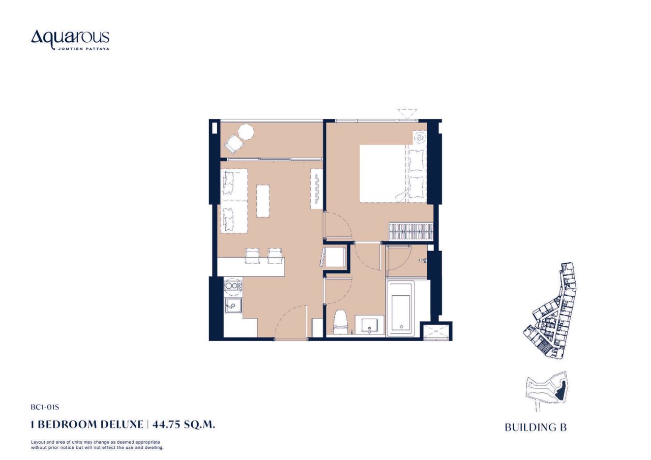 1-спальная квартира 44,75 м² в Aquarous Jomtien Pattaya — фото 2
